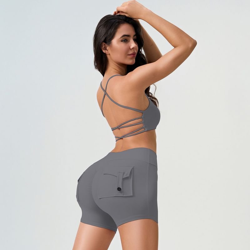 Women Fashion Casual Cross Backless Shock-Proof Bra High Waist Yoga Shorts Two-Piece Set