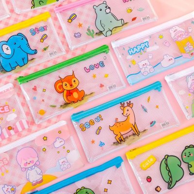 Simple Cartoon Large Capacity Transparent Mesh Zipper Pencil Bag