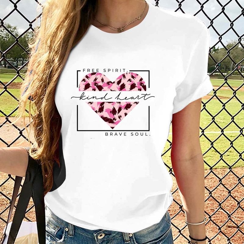 Plus Size Women Crewneck Casual Simple Heart Floral Letter Short-Sleeved T-Shirt