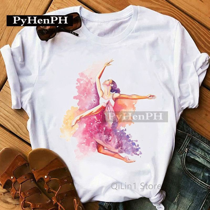 Women Short Sleeve Basic Ballet Girl Printed T-Shirt