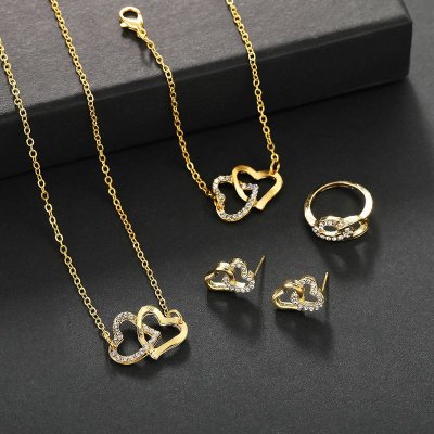 Women Simple Hollow Double Heart-Shaped Rhinestone Necklace Earrings Ring Bracelet Four-Piece Set