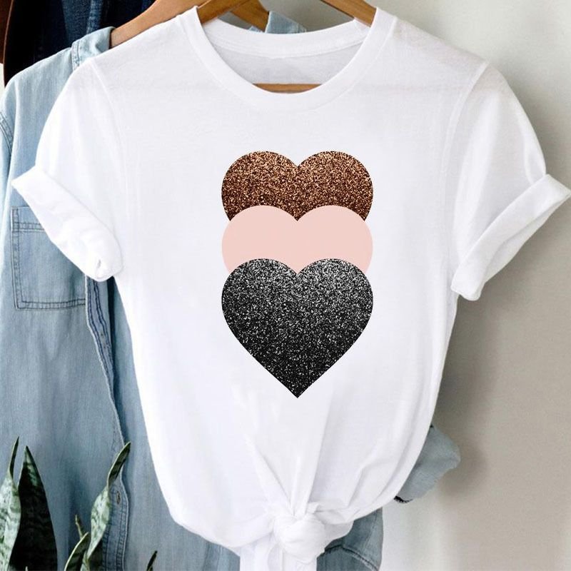 Summer Women Fashion Casual Heart-Shaped Print Round Neck Short Sleeve T-Shirt