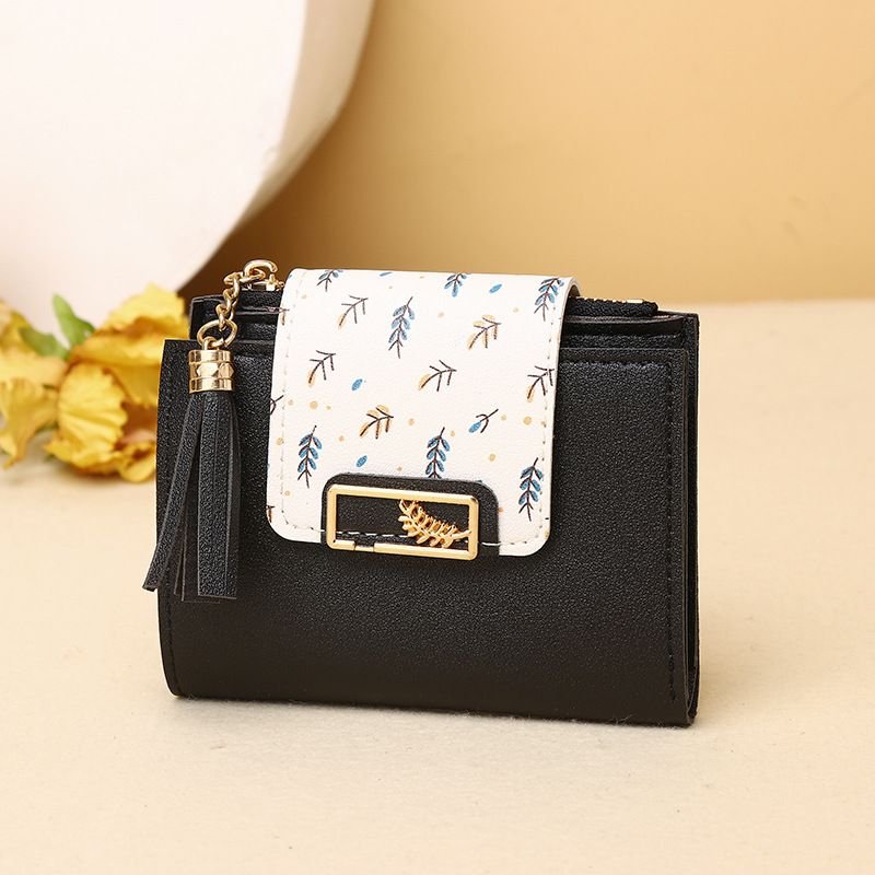 Women Fashion Leaf Print Tassel Pendant Square Mini Wallet