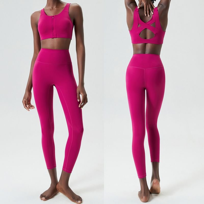 Women Casual Solid Color Shock-Proof Running Fitness Tight Top Yoga Pants Two-Piece Set