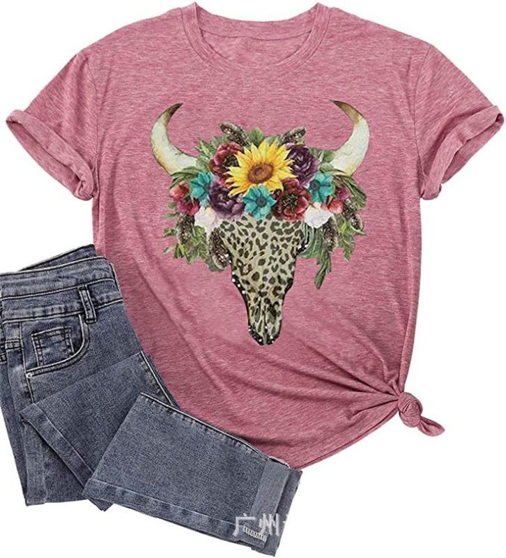 Summer Women Cow Head Print Retro Western Round Neck Short-Sleeved Casual T-Shirt