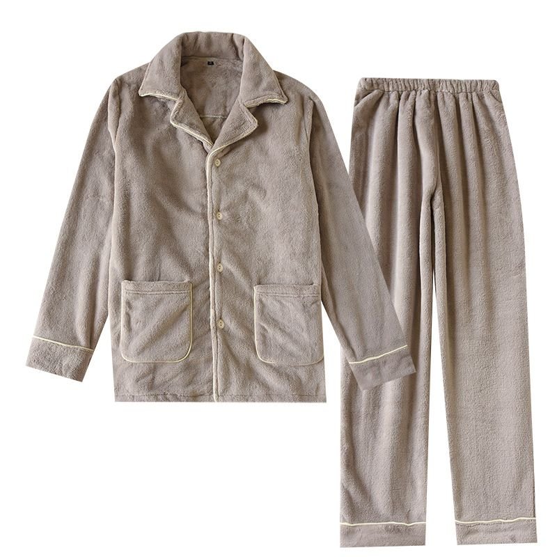 Men Autumn Winter Casual House Pajamas Solid Color Flannel Long Sleeve Lapel Top Trousers Sets