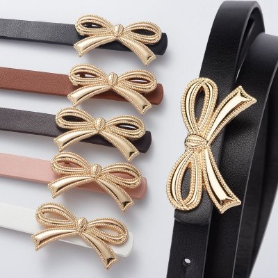 Women Fashion Bow PU Thin Belt