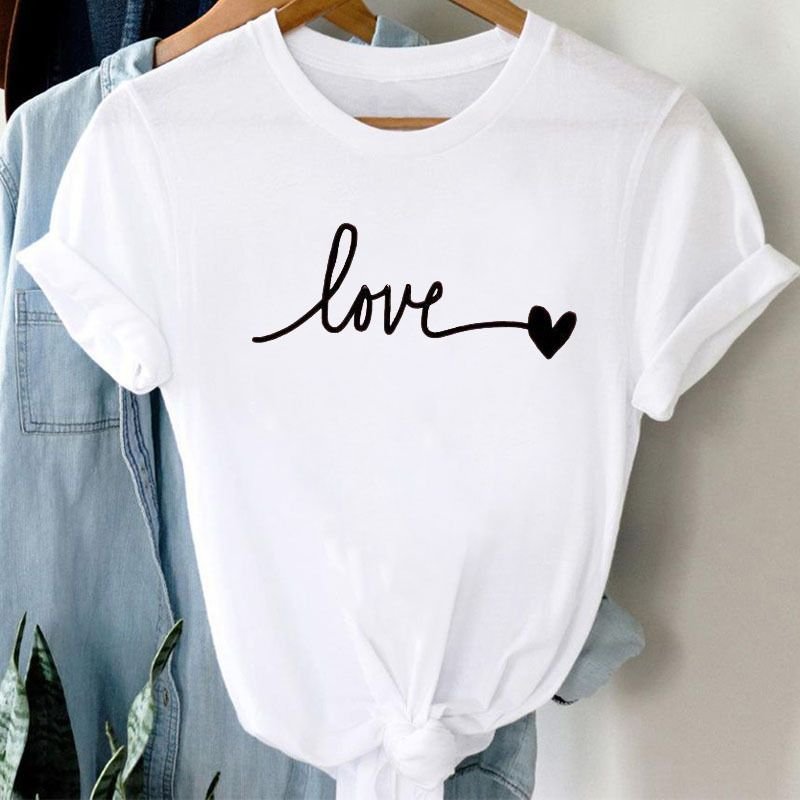 Summer Women Fashion Casual Heart-Shaped Print Round Neck Short Sleeve T-Shirt