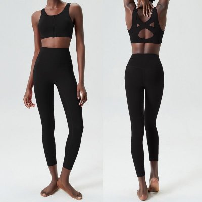 Women Casual Solid Color Shock-Proof Running Fitness Tight Top Yoga Pants Two-Piece Set