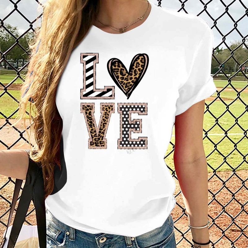 Plus Size Women Crewneck Casual Simple Heart Floral Letter Short-Sleeved T-Shirt