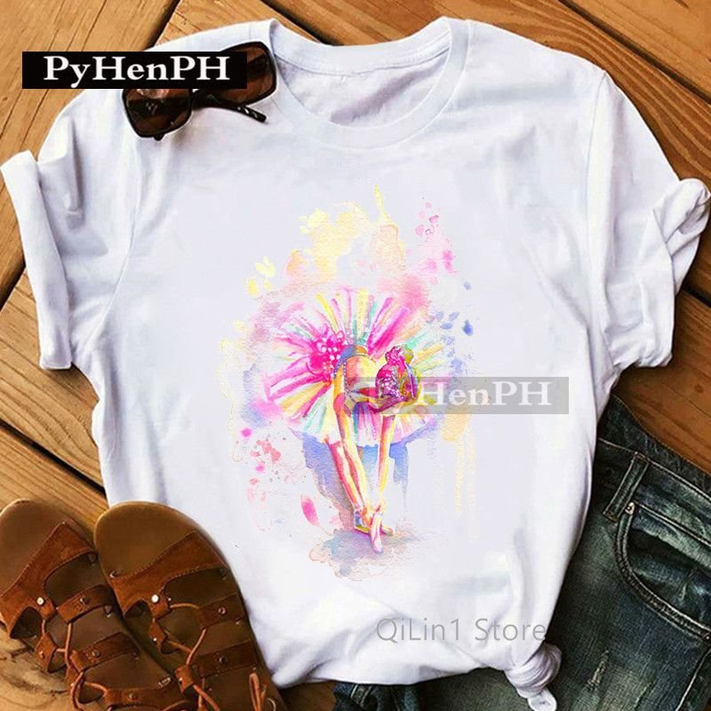 Women Short Sleeve Basic Ballet Girl Printed T-Shirt