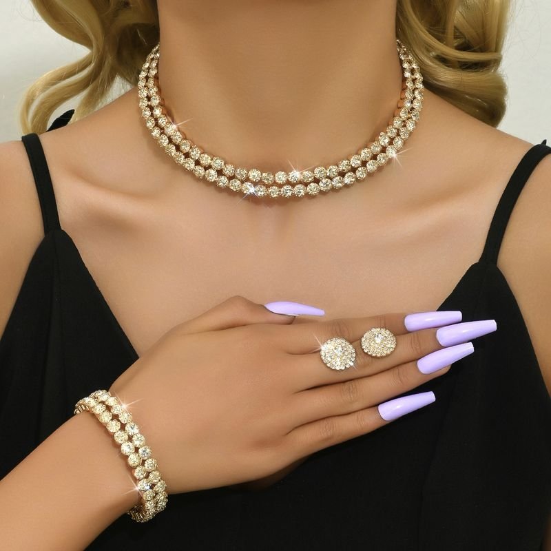 Women Fashion Simple Rhinestone Necklace Bracelet Earrings Three-Piece Set