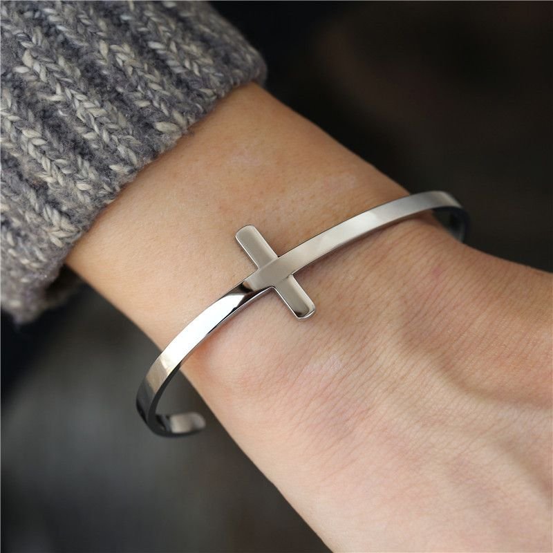 Hip-Hop Jewelry Stainless Steel Cross Open Bracelet Bangle