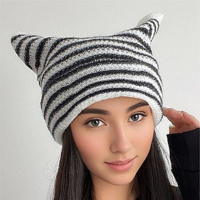 Autumn Winter Women Fashion Cute Cat Ears Stripe Warm Knitted Wool Hat