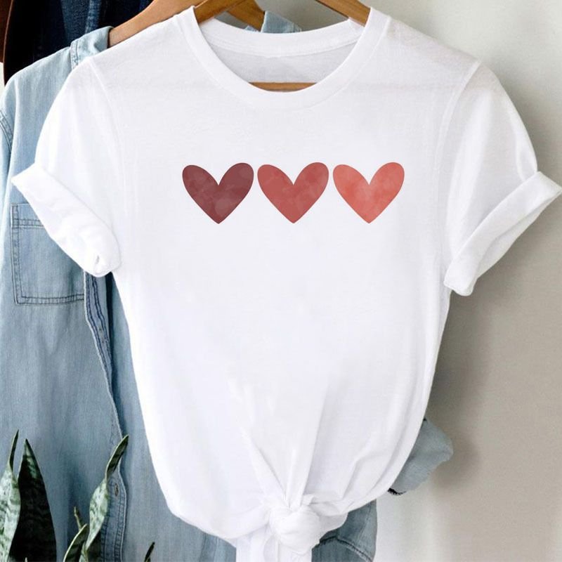 Summer Women Fashion Casual Heart-Shaped Print Round Neck Short Sleeve T-Shirt