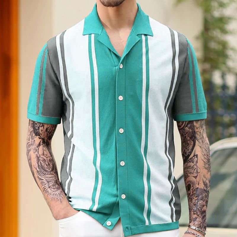 Men Fashion Casual Color Matching Stripe Cardigan Knitted Short Sleeve Lapel Shirt