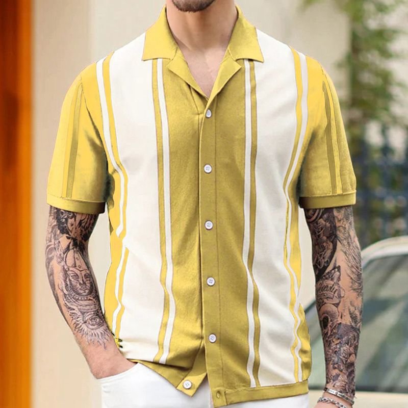 Men Fashion Casual Color Matching Stripe Cardigan Knitted Short Sleeve Lapel Shirt