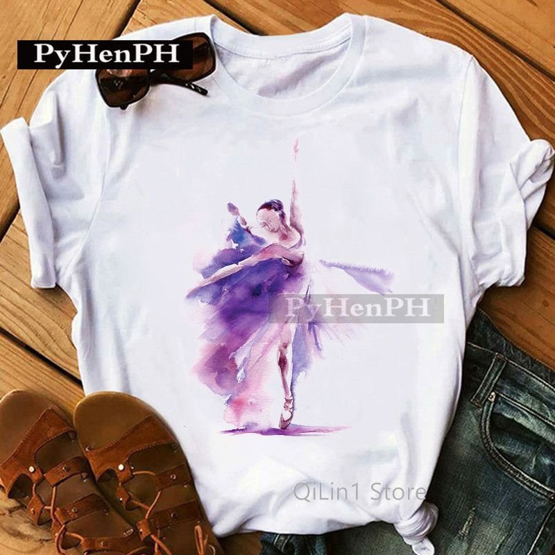 Women Short Sleeve Basic Ballet Girl Printed T-Shirt