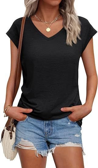 Summer Women Casual Solid Color V-Neck Short Sleeve Blank T-Shirt