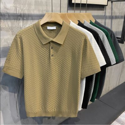 Men Fashion Casual Basic Solid Color Rib-Knit Short Sleeve Lapel POLO Shirt